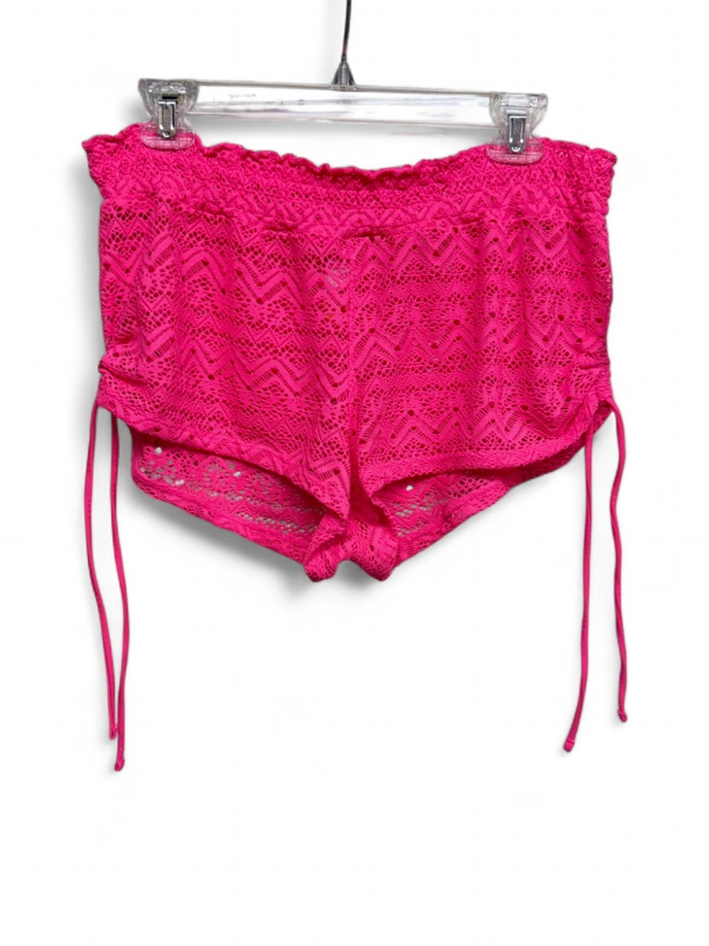 No Boundaries Hot Melon Pink Crochet Lace Shorts Side Tie Ruched Juniors L 11-13